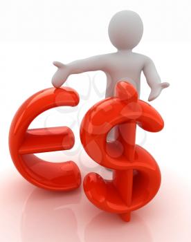 3d people - man, person presenting - dollar and euro sign