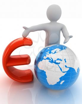 3d people - man, person presenting - euro with global concept with Earth