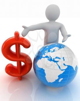 3d people - man, person presenting - dollar with global concept with Earth
