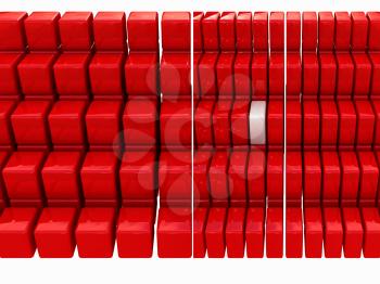 One individuality white cube among the red cubes isolated on white background