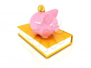 Piggy Bank with a gold dollar coin on book on a white background