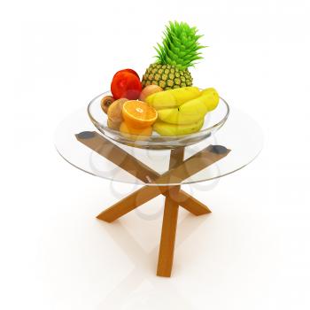 Citrus in a glass dish on exotic glass table with wooden legs on a white background