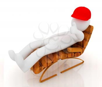 3d white man lying wooden chair with thumb up on white background 