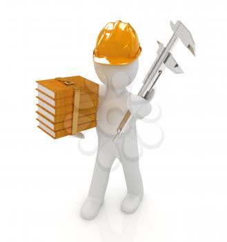 3d man engineer in hard hat with vernier caliper and best technical educational literature on a white background