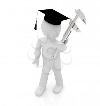 3d man in graduation hat with vernier caliper on a white background
