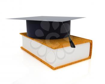 Graduation hat on a leather book on a white background