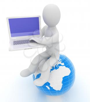3d man sitting on earth and working at his laptop on a white background