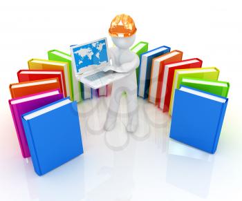 3d man in hard hat working at his laptop and books on a white background