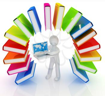Colorful books like the rainbow and 3d man with laptop on a white background