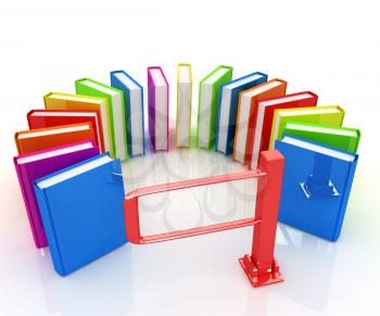 Colorful books in a semicircle and tourniquet to control. The concept of the exam on a white background