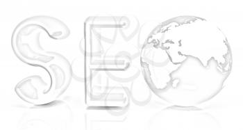 3d illustration of text 'SEO' with earth globe on a white background