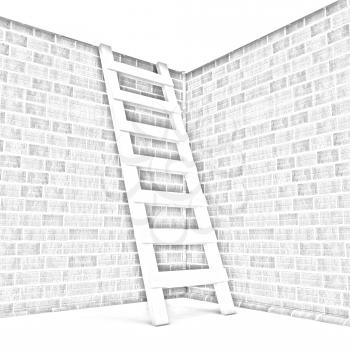 Ladder leans on brick wall on a white background