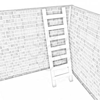 Ladder leans on brick wall on a white background
