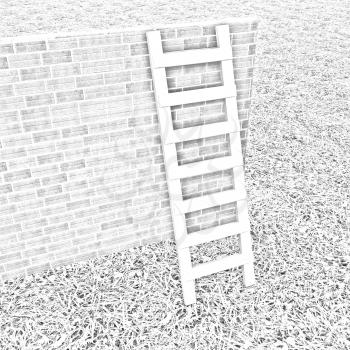 Ladder leans on brick wall on a green grass
