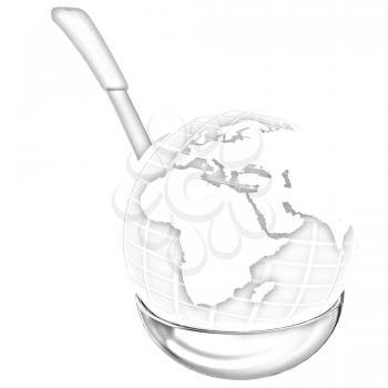 Blue earth on gold soup ladle on a white background