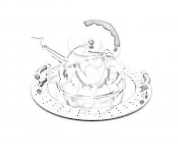 Chrome teapot on platter on a white background