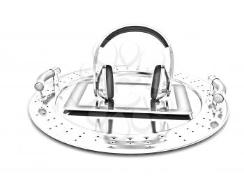 Phone and headphones on metal tray on a white background