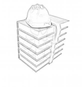Stack of leather technical book with belt and hard hat on white background 