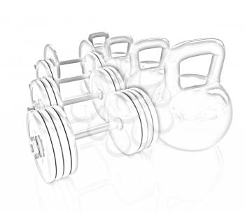 Colorful weights and dumbbells on a white background