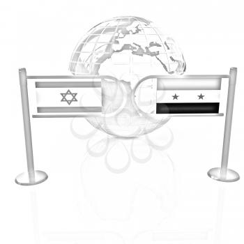 Three-dimensional image of the turnstile and flags of Israel and Syria on a white background 