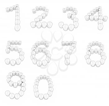 Set of the numbers 1,2,3,4,5,6,7,8,9,0 of gold coins with dollar sign on a white background