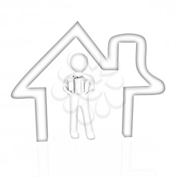 Presentation of new house. 3d man holds the gift, and is within the red icon house 