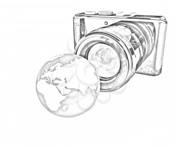3d illustration of photographic camera and Earth on white background