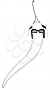 chili pepper with sun glass and headphones front face on a white background
