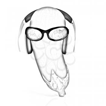 eggplant  with sun glass and headphones front face on a white background