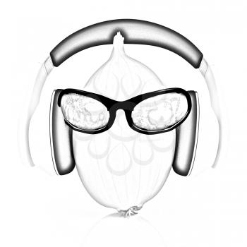 Ripe onion with sun glass and headphones front face on a white background