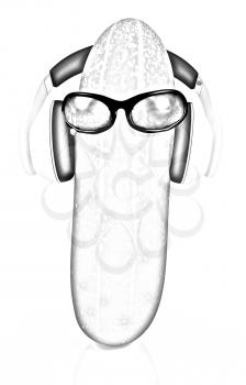 cucumber with sun glass and headphones front face on a white background
