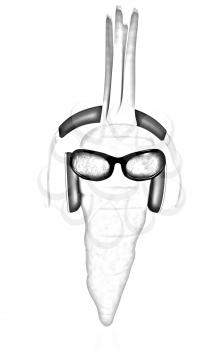 carrot with sun glass and headphones front face on a white background
