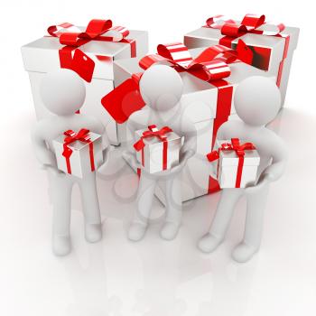3d mans and gifts with red ribbon on a white background 