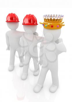 3d people - man, person with a golden crown. King with person with a hard hat