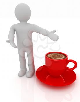 3d people - man, person presenting - Mug of coffee with milk