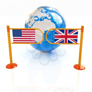 Three-dimensional image of the turnstile and flags of USA and UK on a white background 