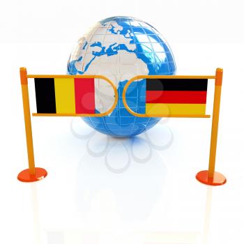 Three-dimensional image of the turnstile and flags of Germany and Belgium on a white background 