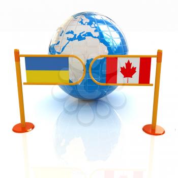Three-dimensional image of the turnstile and flags of Canada and Ukraine on a white background 