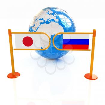 Three-dimensional image of the turnstile and flags of Japanese and Russia on a white background 