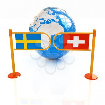 Three-dimensional image of the turnstile and flags of Switzerland and Sweden on a white background 