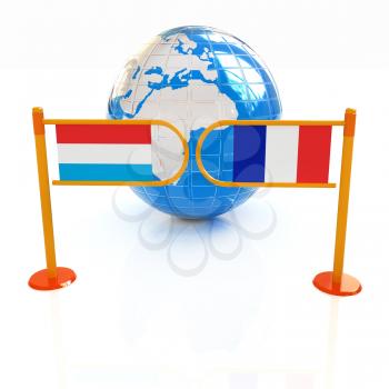 Three-dimensional image of the turnstile and flags of France and Luxembourg on a white background 