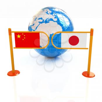 Three-dimensional image of the turnstile and flags of China and Japan on a white background 