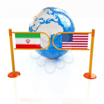 Three-dimensional image of the turnstile and flags of USA and Iran on a white background 