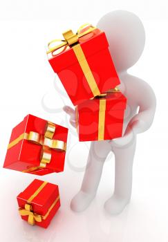 3d man strawed red gifts with gold ribbon on a white background