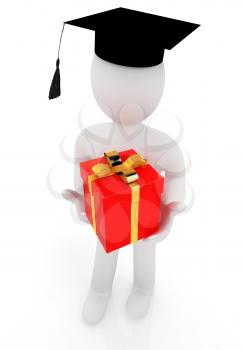 3d man in graduation hat with gift