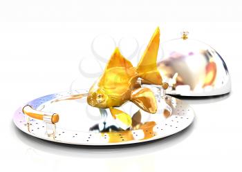 Gold fish on a restaurant cloche on a white background