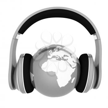 World music 3D render of planet Earth with headphones  on a white background