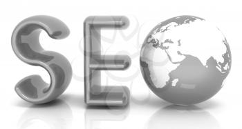 3d illustration of text 'SEO' with earth globe on a white background