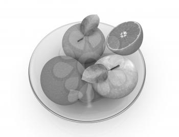 Citrus and apple on a plate on a white background