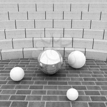 Abstract futuristic interior. Brick scene and tribune with chrome sphere and white balls 